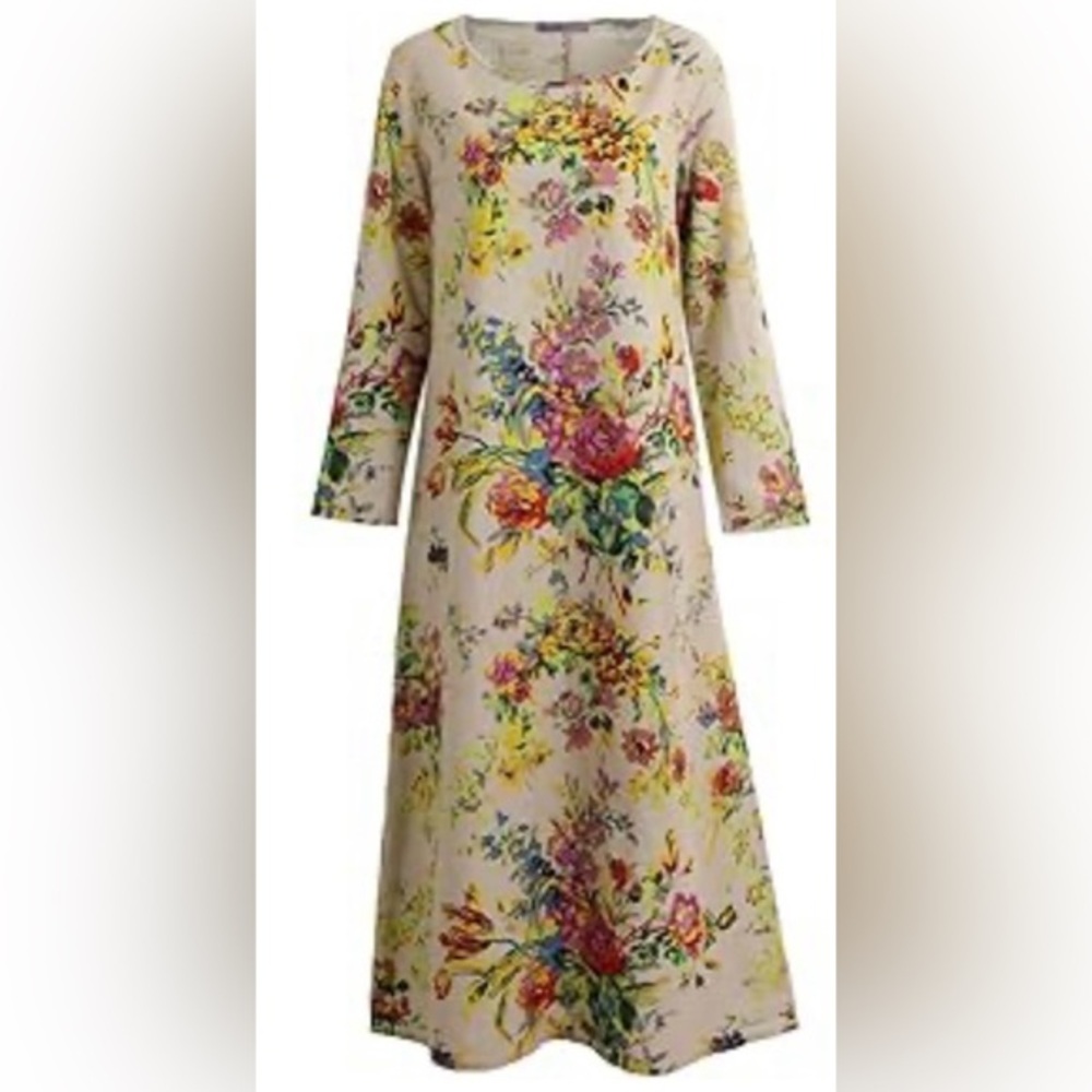 Romacci Autumn Linen Cotton Blend Pullover Maxi Floral  Dress NWT Pockets Sz Sm